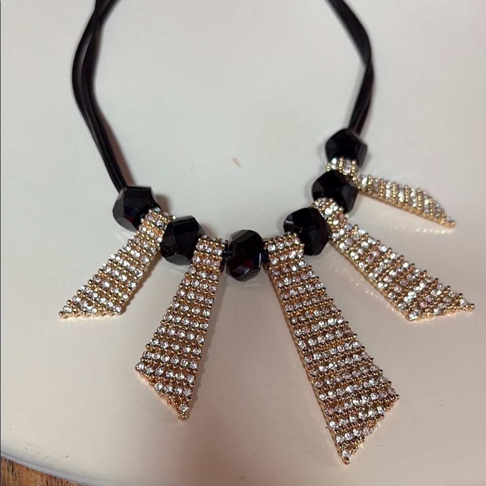 Statement necklace rhinestone danglers wire in triple faux leather wire blk gold